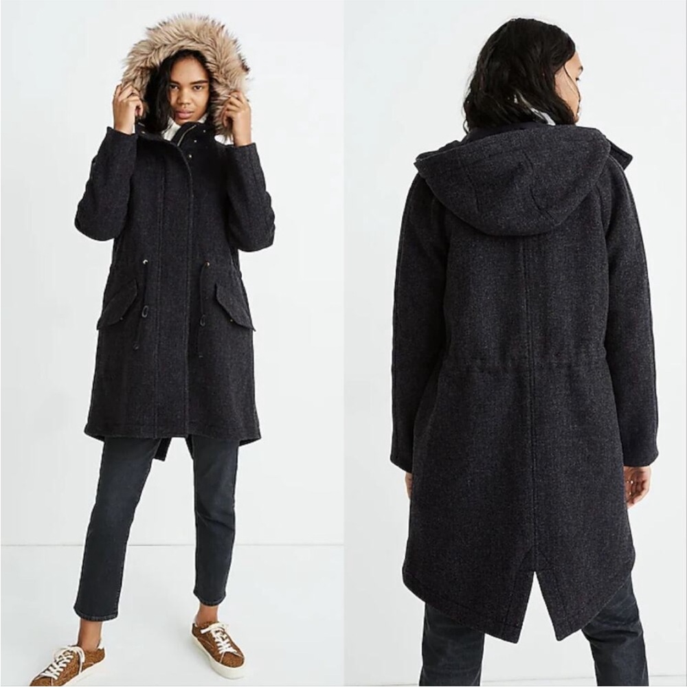 Madewell Vancouver Wool Blend Parka Coat Black Coal Heather Size XXS